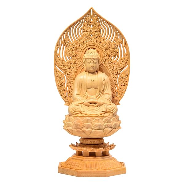 繁樓藝雕 仏像 釈迦如来 曹洞宗 臨済宗 仏壇仏像 木彫り 桧木製 祈る 厄除け 祥雲光背 八角台座 （高さ28cm&times;巾12cm&times;奥行12cm）｜ピオマーケット