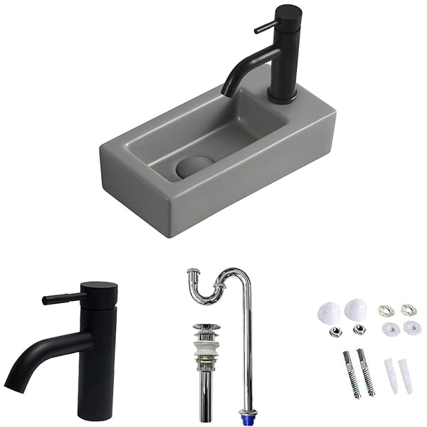 【Sトラップ排水セット付き】 手洗い器 壁掛け グレー 手洗器 コンパクト 小型洗面ボウル ミニ型 洗面台 おしゃれ 手洗いボウル 壁付け型 陶器 手洗い台 375*190*95mm (右)｜ピオマーケット 15,009円