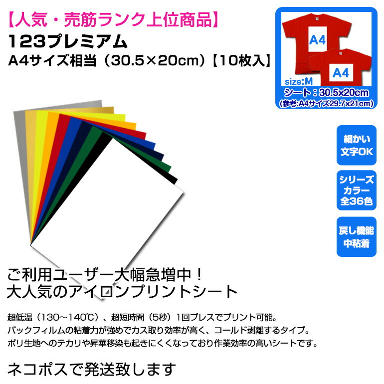 市場 送料無料 10枚入 アイロンプリントシート 売筋ランク上位商品 A4サイズ相当 カッティングシート 人気 30.5cm×20cm アイロン 切売 アイロンシート  123プレミアム