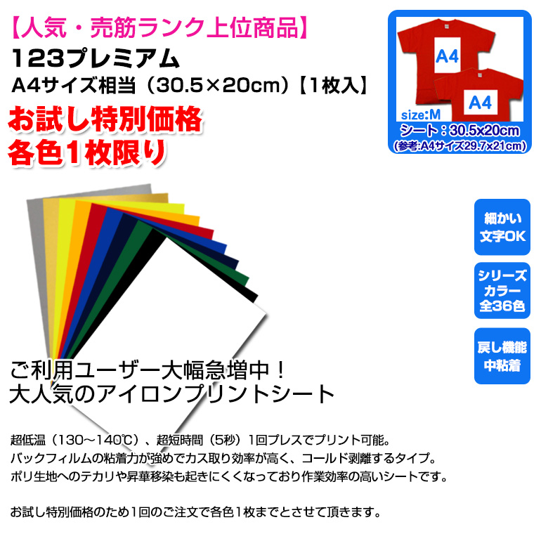 市場 アイロンプリントシート 切売 A4サイズ相当 アイロン 人気 売筋ランク上位商品 30.5cm×20cm カッティングシート 各色1枚限り  アイロンシート 123プレミアム