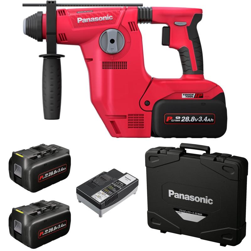 パナソニック(Panasonic) 充電ハンマードリル 28.8V 3.4Ah電池パック&times;2個/充電器/ケース付き (集塵システム別売) コンクリート~Φ28mm デッキ貫通 IP56 EZ7881PC2S-R レッド｜ぴっぴストア　店