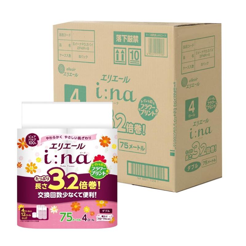 エリエール トイレットペーパー i:na(イーナ) フラワープリント 3.2倍巻き 75m×32ロール(4ロール×8パック) ダブル パルプ100% 華やぐフローラルの香り 【EC 正規段ケース】 【ハーフケース】
