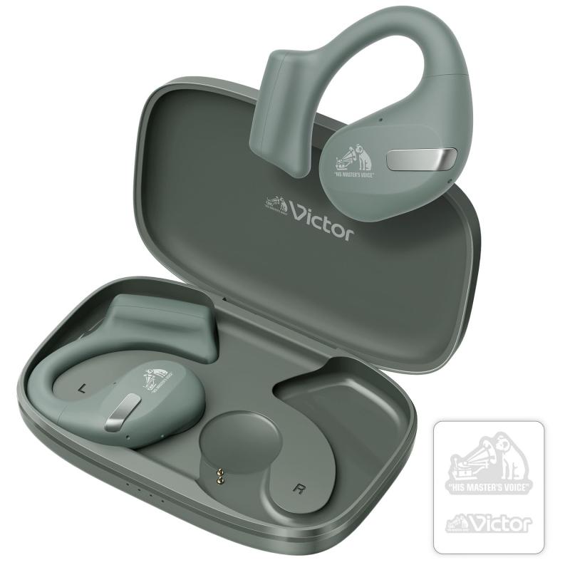 JVCケンウッド Victor HA-NP50T-GA ワイヤレスイヤホン Bluetooth オープンイヤー 耳をふさがない ながら聴き マルチポイント 耳掛け 最大38時間再生 マイク付き セージグリーン ステッカー付|ぴっぴストア 店