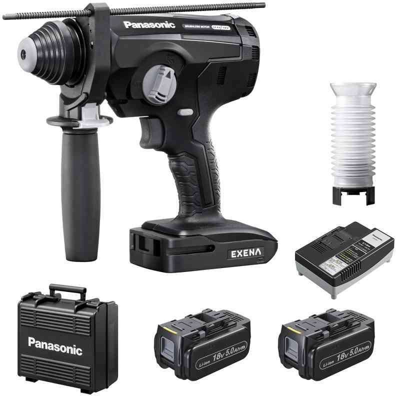 パナソニック(Panasonic) 充電ハンマードリル 18V 5.0Ah電池パック×2個/充電器/プラスチックケース付 デュアル(14.4V/18V) 軽量 2.4Kg EXENA Pシリーズ EZ1HD1J18D-B ブラック