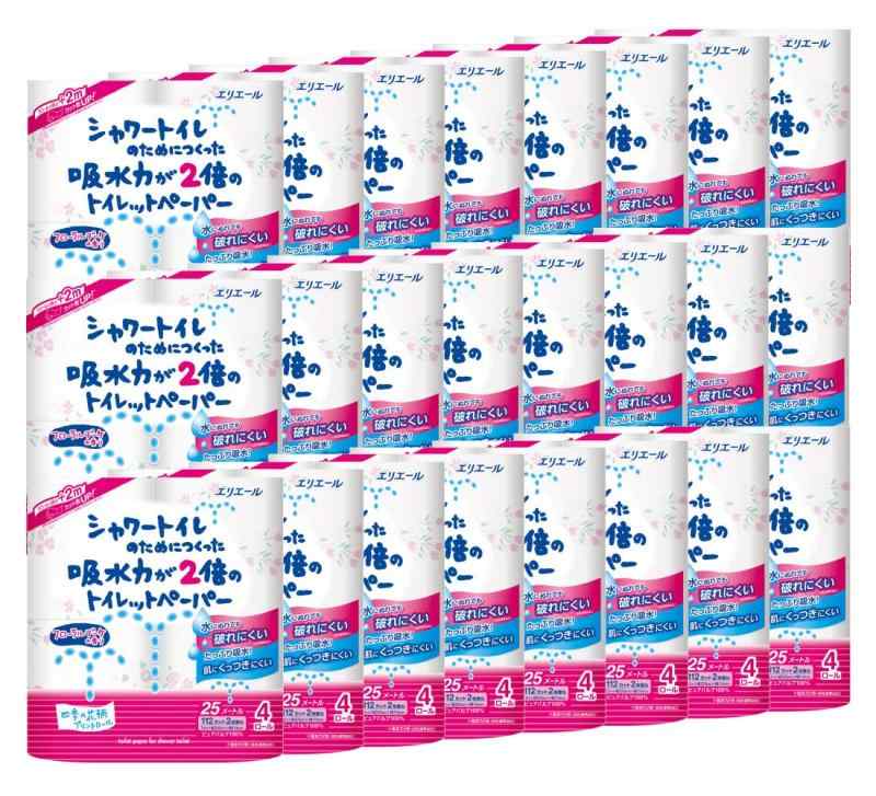 エリエール トイレットペーパー シャワートイレのためにつくった吸水力が2倍のトイレットペーパー 25m&times;96ロール(4ロール&times;24パック) ダブル パルプ100% フローラルブーケの香り 【ケース販売｜ぴっぴストア　店