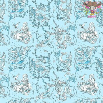 【巾 約100cm 最低30cmから10cm単位 切り売り】Anita Jeram アニタ ジェラーム☆Mermaids☆マーメイド 人魚 海 カメ ペンギン 鳥 友達 動物コットン100％ 布 生地 ハンドメイド 可愛い 北欧【3mまでメール便発送可】【価格は10cmあたりの単価です】画像