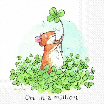 ドイツ IHR 可愛い ペーパーナプキン デコパージュ☆Anita Jeram アニタ ジェラーム 四つ葉のクローバー ハムスター☆(ONE IN A MILLION)(1枚 バラ売り)