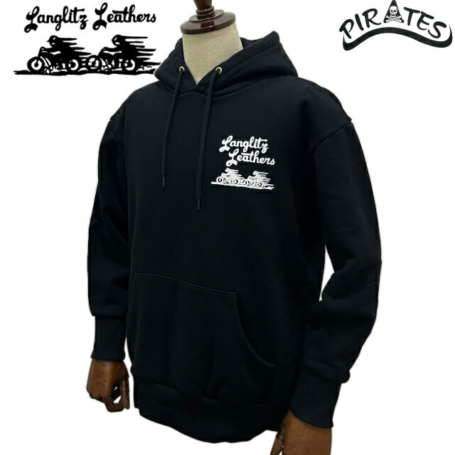 LANGLITZ LEATHERS \u003cBR\u003eラングリッツレザー \u003cBR\u003eヘビーウェイト フーデッドスウェットシャツ (ティーシャツパーカー) \u003cBR\u003eType A \u003cBR\u003e(上半身色合い:黒いこと/刷り上げる色合い:白いこと)