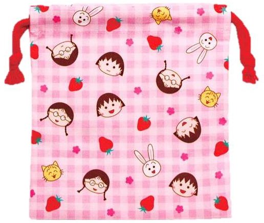 キャラクター 巾着袋（きんちゃく袋） ちびまる子ちゃん（ まる子イチゴ柄 ピンク系 ）（ 大きさ 約 19×17.5cm ) （ ちびまるこ まるちゃん 巾着ポーチ きんちゃく キッズ 子供 小物入れ お弁当袋 手さげ 給食 遠足 ）【メール便OK】画像