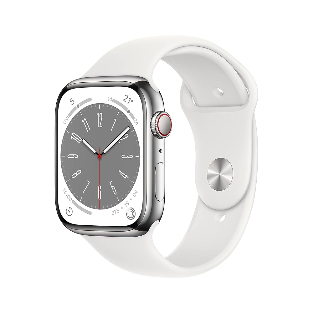 【整備済み品】Apple Watch Series 8 (Cellularモデル) シルバーステンレススチールケースとホワイトスポーツバンド fj