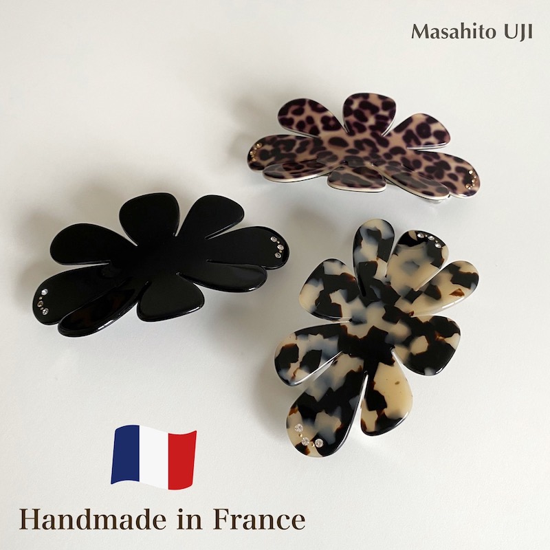 【Masahito UJI】ヘアバレッタ バレッタ フランス製 一流アトリエ 手作り ハンドメイド ブラック 黒 レオパード 豹柄 べっ甲柄 マーブル スワロフスキー ヘアアクセサリー オリジナルデザイン レディース 女性 大人 カジュアル マサヒトウジ 妻 嫁 母 娘 彼女 贈り物 ギフト