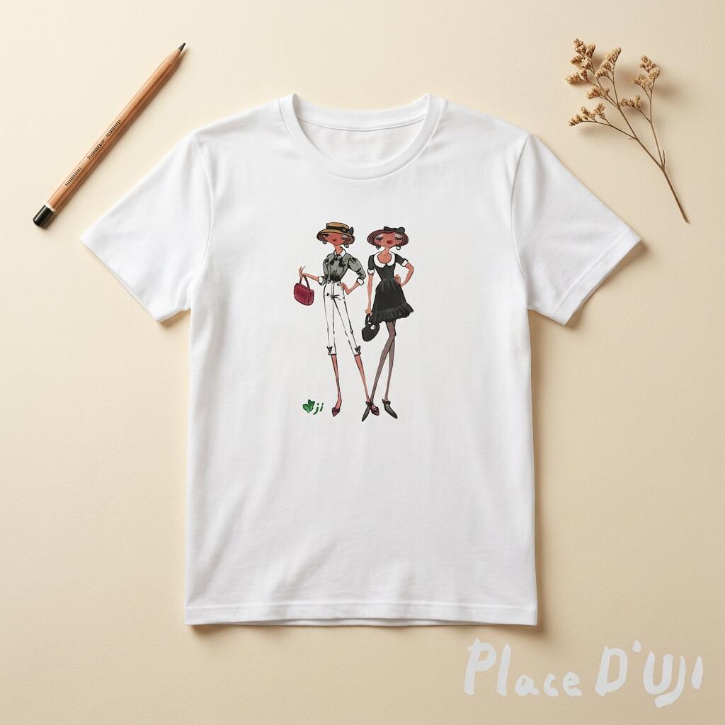 Tシャツ レディース プリント 半袖 綿100％ ブランド デザイナーズ イラスト 大人可愛い おしゃれ 白 ホワイト ガールプリント レトロ フレンチ クルーネック カットソー トップス S M L 春夏 30代 40代 50代 宇治正人 Place D' UJI プラスドゥウジ｜大人可愛い洋服とグッズPlaceDUJI
