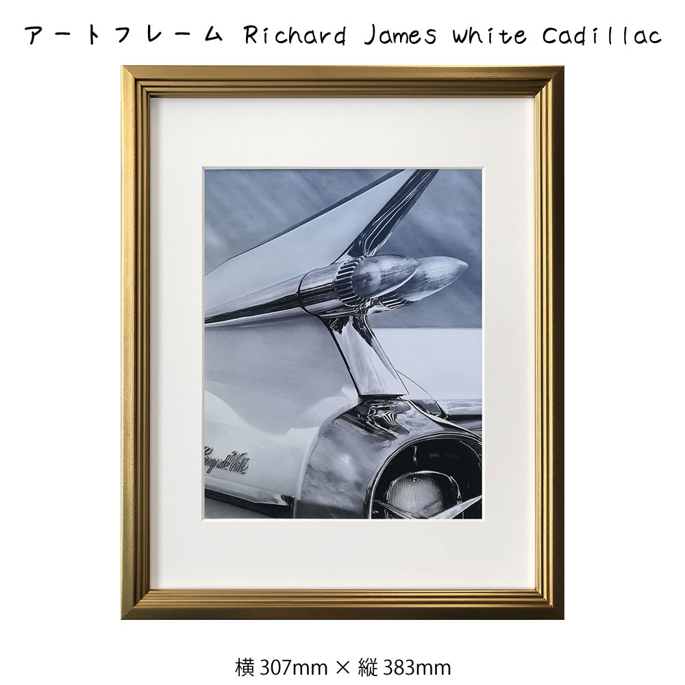 アートフレーム Richard James White Cadillac リチャード ジャームス 絵画 絵 壁掛け 壁飾り 写真 アートポスター 白黒 モノクロ モノトーン ゴールド 307×383mm インテリア おしゃれ フレーム付き 額縁 額入り モダン アート 色彩 スタイリッシュ レトロ ビ