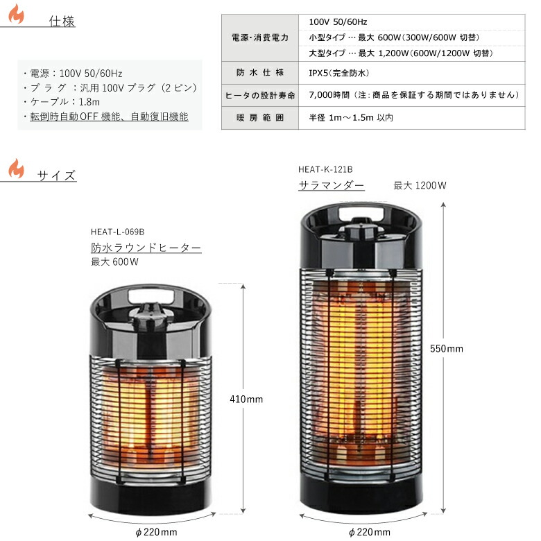 T-ポイント5倍】 HEAT-K-121B 業務用暖房機 サラマンダーヒーター 1200W 大型タイプ足元ヒーター φ220×550mm  fucoa.cl