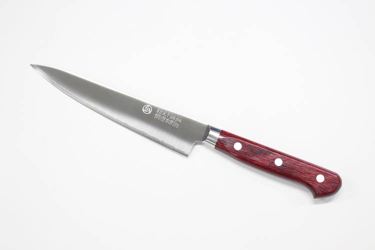 【高村刃物】鍔付スーパーゴールドワインレッド柄ツバ付口金付ペティナイフ150mm『有料お名前入れ対応』【粉末ステンハイス鋼両刃/果物ナイフ/本割込包丁/合羽橋かっぱ橋/高硬度/高靭性/高耐磨耗性/鍛造/越前打刃物/武生R2ハイス】【送料無料】