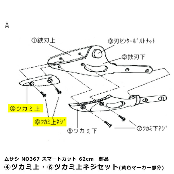 楽天市場 ゆうパケット送料無料 ムサシ Musashi A 4 ツカミ上 A 6 ツカミ上ネジ セット 367 高枝切りばさみ スマートカット 62cm用部品 ものうりばplantz