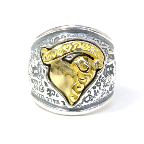 【BWL】Bill Wall Leather ビルウォールレザーGRAFFITI DOME RING WITH K18 (YG,PG) INSERT TOP ( HEART WITH BANNER )グラフィティドームリングw/K18インサートトップ(ハート&バナー)/シルバー/K18/コンビ|PLATINISM店