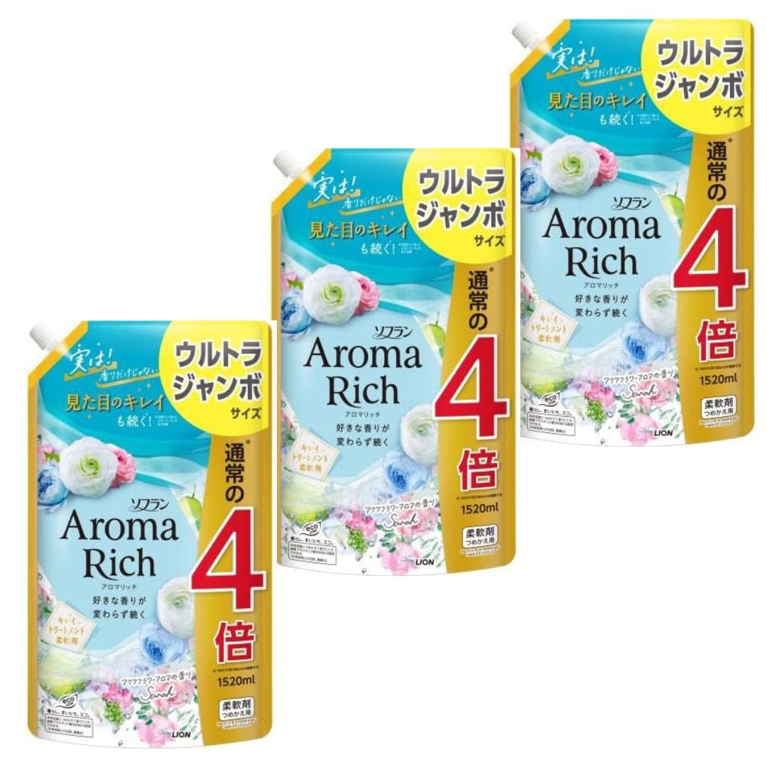 【まとめ買い 1520ml×3袋】ソフラン アロマリッチ サラ(アクアフラワーアロマの芳ばしさ) 延性のある剤 詰め替え ウルトラジャンボ 1520ml×3個書き割り