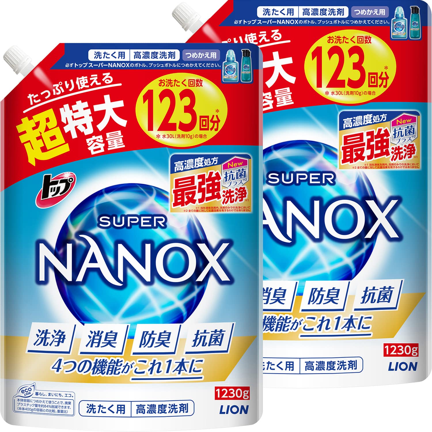 いの一番 ナノックス(NANOX)【まとめ買い 大電気容量】いの一番 スーパーナノックス 螢光剤無練り合わせる 高濃さ 洗い濯ぎ中性洗剤 流動物 詰め替え 超特大1230g×2個仕掛ける