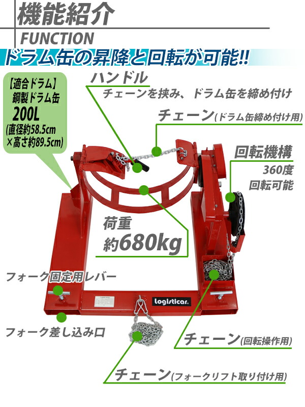 楽天市場 送料無料 新品 ドラム缶反転機 荷重680kg フォークリフト用 アタッチメント スチール 赤 反転 回転 ギア式 回転機 ドラム反転機 ドラム缶運搬金具 ドラム缶 ドラム缶運搬機 運搬 ドラムダンパー ドラムリフター リフト リフター フォークリフトキャリアー