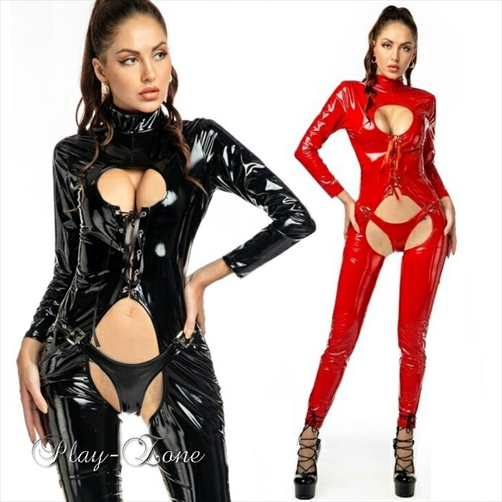 キャットスーツ コスプレ セクシー レザー ラバースーツ 仮装 衣装 セクシー コスチューム ボンテージ コスプレ 囚人 ボディスーツ オープンヒップ ジャンプスーツ セクシー Tバック 伸縮 エナメル PVC ブラック レッド 黒 赤 M L C21