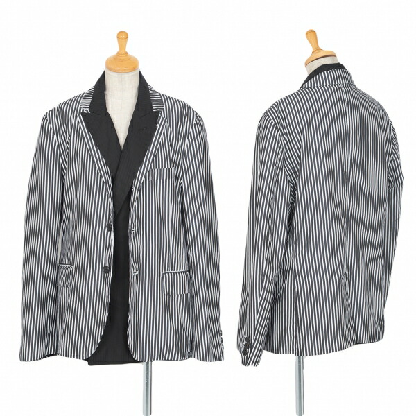 【中古】 コムデ給仕COMME des GARCONS ストライプレイヤードジャケット 黒白M【レディース】 コート・ジャケット-レディースファッション