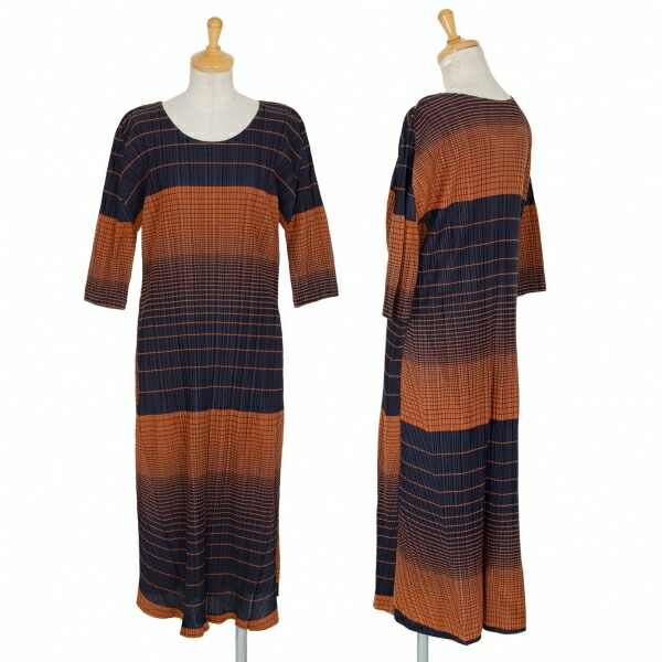 プリーツプリーズpleats Please ボーダー織りニットワンピース 紺茶2 中古 レディース Iconnect Zm