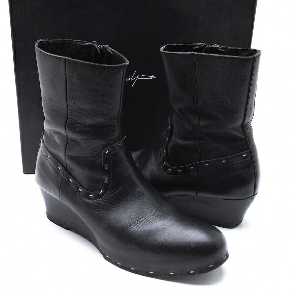 【中古】 ヨウジヤマモト ファムYohji Yamamoto FEMME ホッチキス留めウエスタン切替サイドジップレザーヒールブーツ 黒2(23位)【レディース】|PLAYFUL