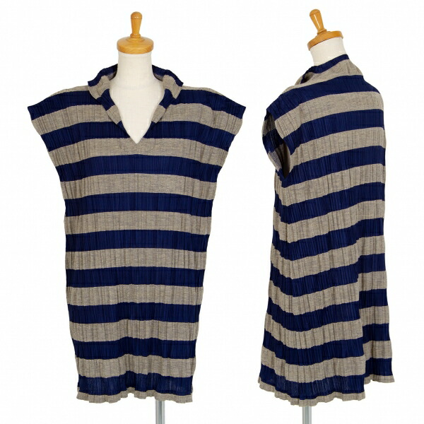 【中古】 プリーツプリーズPLEATS PLEASE　ポリリネンプリーツ加工ボーダースキッパーノースリーブワンピース モカ紺4【レディース】｜PLAYFUL