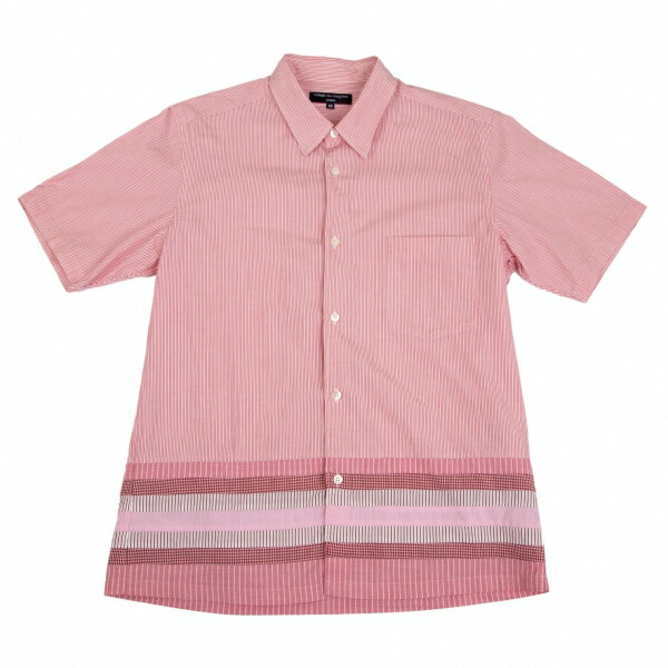 【中古】 コムデギャルソン オムCOMME des GARCONS HOMME 裾パターン切替ストライプ半袖シャツ ピンクM【メンズ】｜PLAYFUL