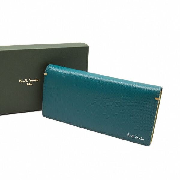 【中古】 極点スミス Paul Smith ロゴタイプなめし革二つ折り長札入れ ターコイズブルー【メンズ】