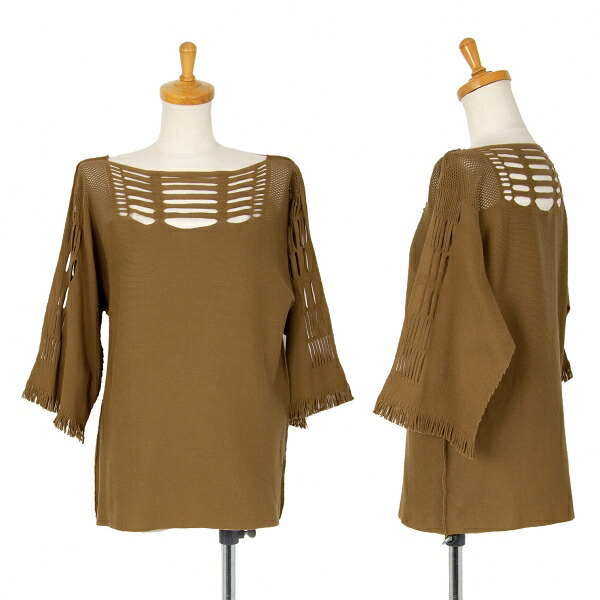 【中古】 イッセイミヤケ エーポックISSEY MIYAKE A-POC 細長い切口うつり変わりデザインフリンジカットソー 茶2【レディース】