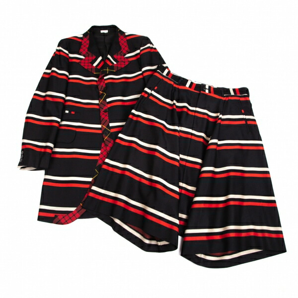 【中古】 コムデ給仕 オムプリュスCOMME des GARCONS HOMME PLUS タータンチェックトリミングボーダーロングジャケットセットアップ 黒赤オフM【メンズ】