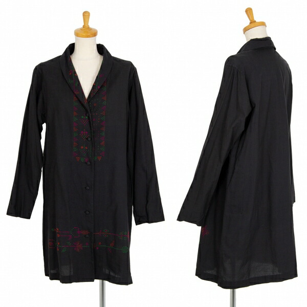 【中古】 イッセイミヤケハートISSEY MIYAKE HaaT コットン刺し子刺繍ショールカラーロングシャツジャケット 黒2【レディース】