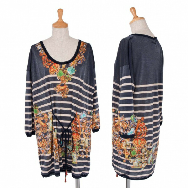 【中古】 ジャンポールゴルチエ ソレイユJean Paul GAULTIER SOLEIL ジュエルボーダープリントラメ糸チュニック 紺他S【レディース】|PLAYFUL