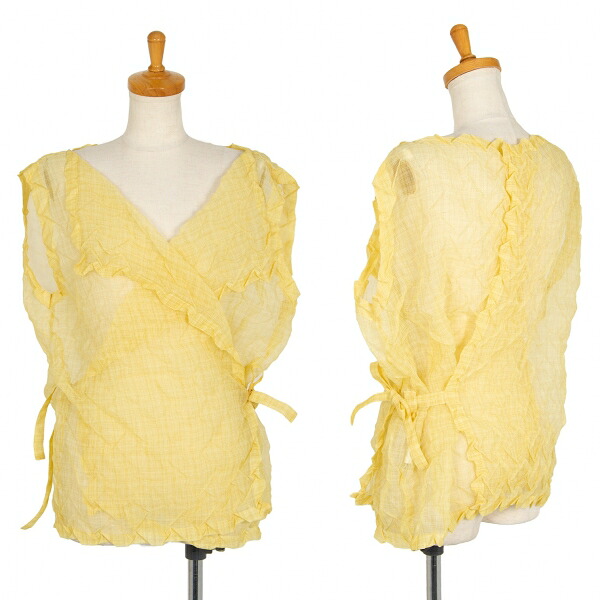 【中古】 イッセイミヤケISSEY MIYAKE 変形プリーツ左右ドッキングベスト 黄2【レディース】|PLAYFUL