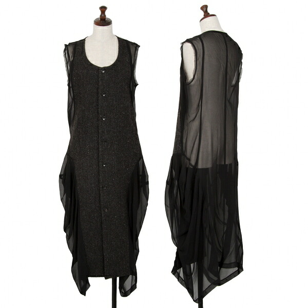 【中古】 コムデギャルソンCOMME des GARCONSフロントヘリンボーンウール切替シフォンノースリーブコート チャコール黒M【レディース】|PLAYFUL