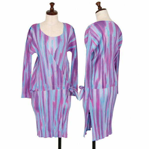 【中古】 筋目プリーズPLEATS PLEASE グラデーションプリントプリーツセットアップ 水色さくら色3【レディース】