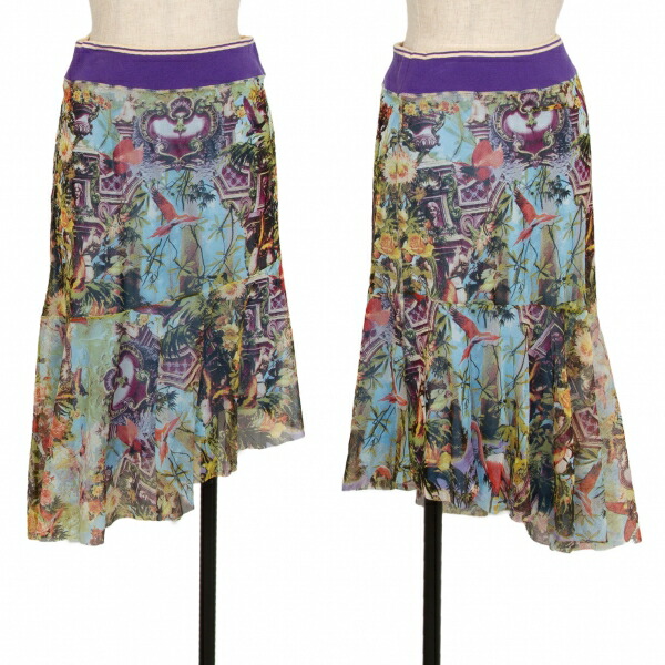 【中古】 ジャンポールゴルチエ ファムJean Paul GAULTIER FEMME トロピカルゴシックプリントパワーネットアシンメトリースカート 水色他40【レディース】|PLAYFUL