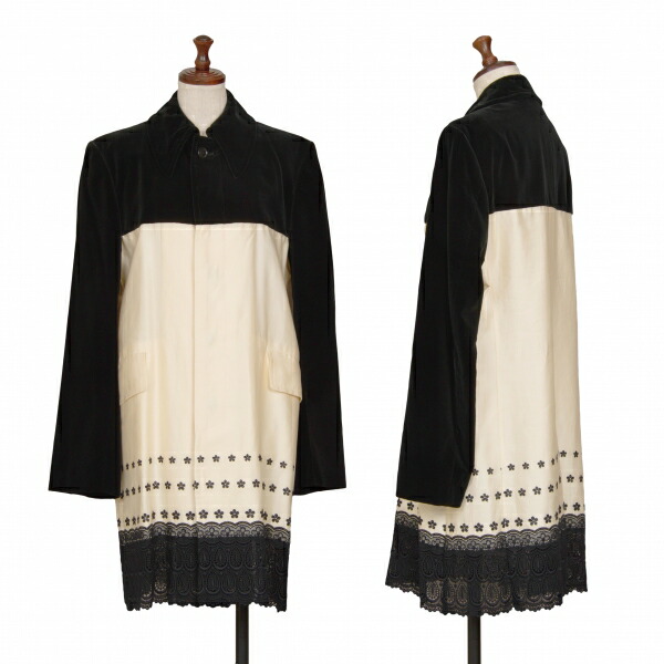 【中古】 コムデギャルソンCOMME des GARCONS裾レース切替ベロアステンカラーコート 黒生成りM【レディース】