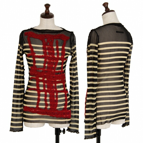 【中古】 ジャンポールゴルチエ ファムJean Paul GAULTIER FEMME 毛糸刺繍ボーダーパワーネットカットソー 黒クリーム赤40【レディース】｜PLAYFUL