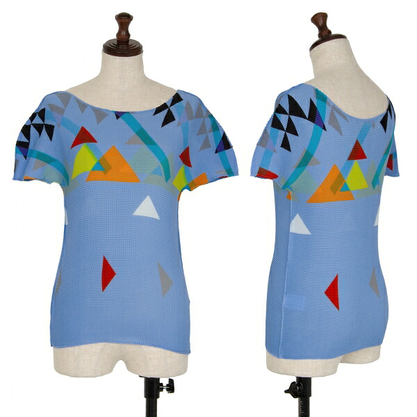 【中古】 イッセイミヤケ ミーISSEY MIYAKE me トライアングルプリントストレッチプリーツプルオーバー 水色F【レディース】