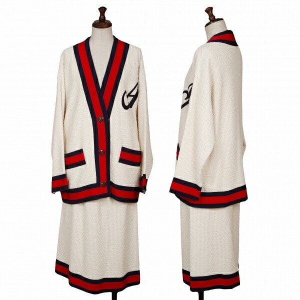 【中古】 グッチGUCCI シェリーラインツイードセットアップスーツ 象牙色赤他40・44【レディース】