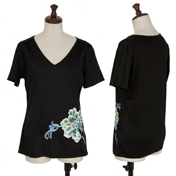 【中古】 ヴィヴィアンタムVIVIENNE TAM フラワー刺繍VネックTシャツ 黒1【レディース】｜PLAYFUL