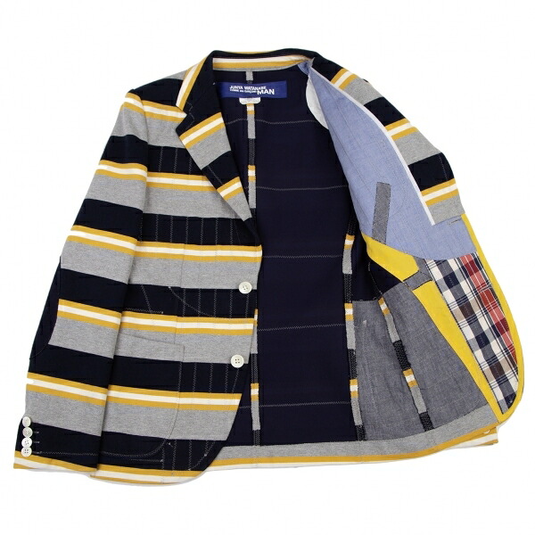 【中古】 ジュンヤワタナベマンコムデギャルソンJUNYA WATANABE MAN COMME des GARCONS 裏パッチワークボーダースウェットテーラードジャケット 紺グレー黄XS【メンズ】|PLAYFUL