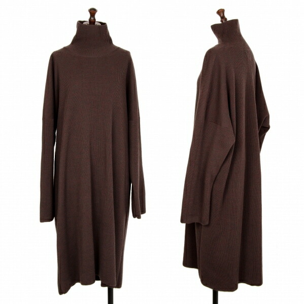 【中古】 ヨウジヤマモト ファムYohji Yamamoto FEMME ウールリブニットワイドシルエットハイネックワンピース 茶S【レディース】｜PLAYFUL