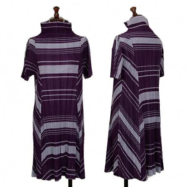 【楽天市場】【中古】 プリーツプリーズPLEATS PLEASE ボーダージャガードプリーツハイネック半袖ワンピース 紫水色3【レディース ...