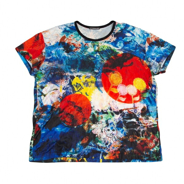 【中古】 イッセイミヤケ メンISSEY MIYAKE MEN グラフィックプリントシワプリーツプルオーバー 青マルチ4【メンズ】