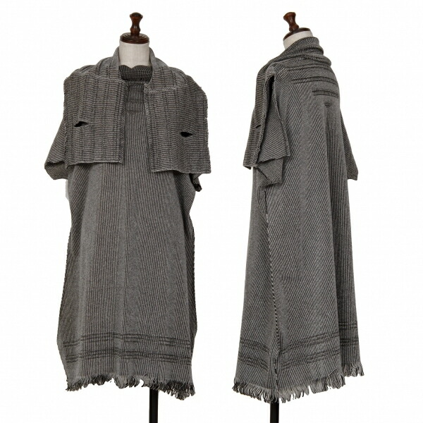 【中古】 イッセイミヤケ エーポックISSEY MIYAKE A-POC INSIDE ドレープネックストライプフリンジニットワンピース 黒白2【レディース】 レディースファッション-ワンピース
