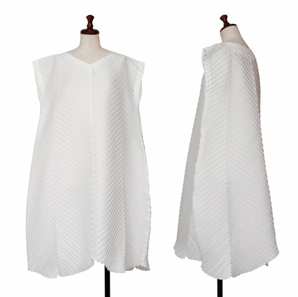 【中古】 イッセイミヤケISSEY MIYAKE ステッチデザインプリーツノースリーブワンピース 白M位【レディース】